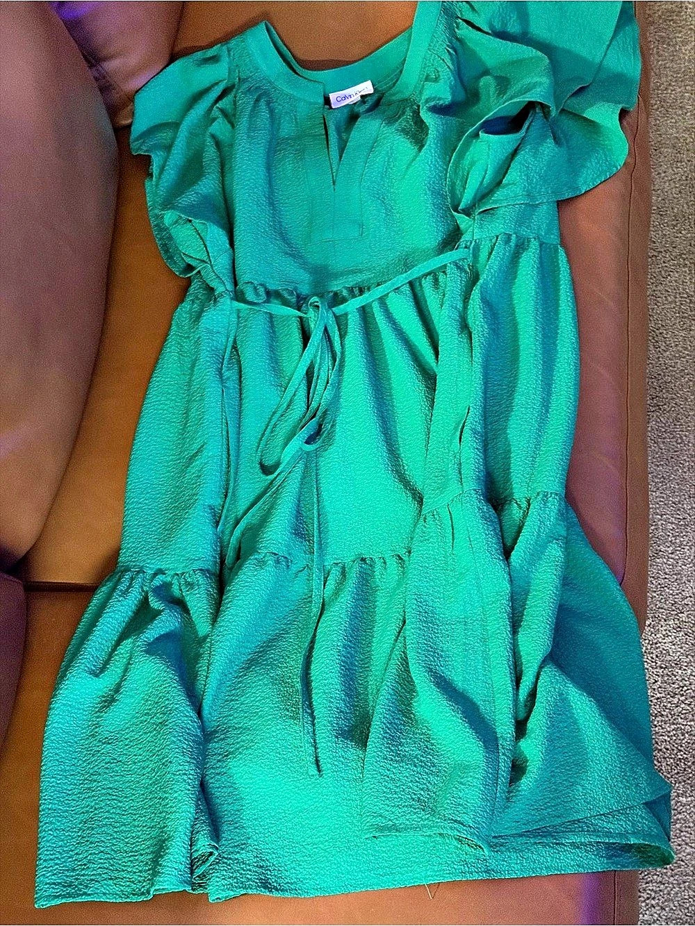 Calvin Klein Textured Tiered Midi Dress Green Size 16 - Picture 3 of 5
